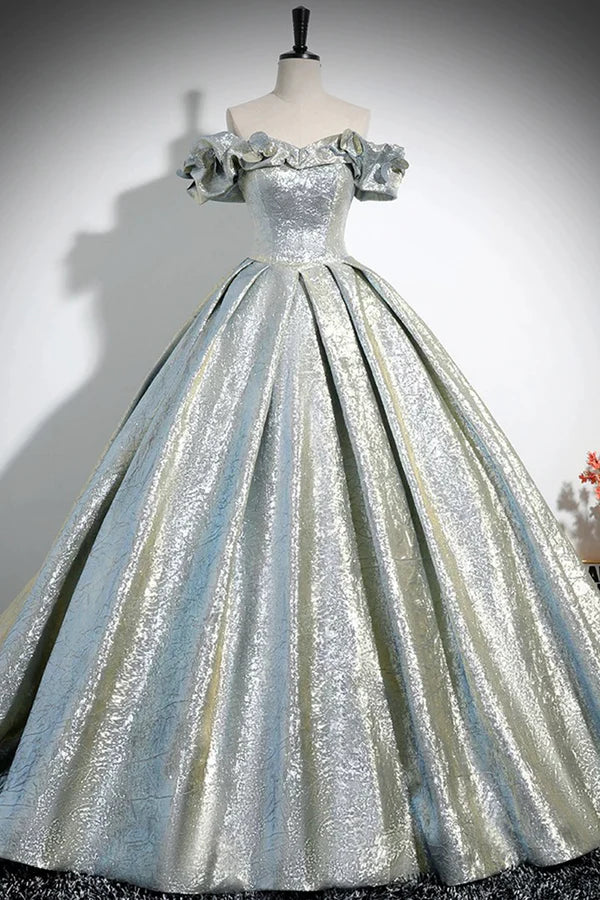 Silver Glitter Satin Off the Shoulder Prom Dress A-Line Backless Floor-Length Formal Dress